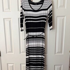 Black and White Striped Maxi Dress with Tie Belt